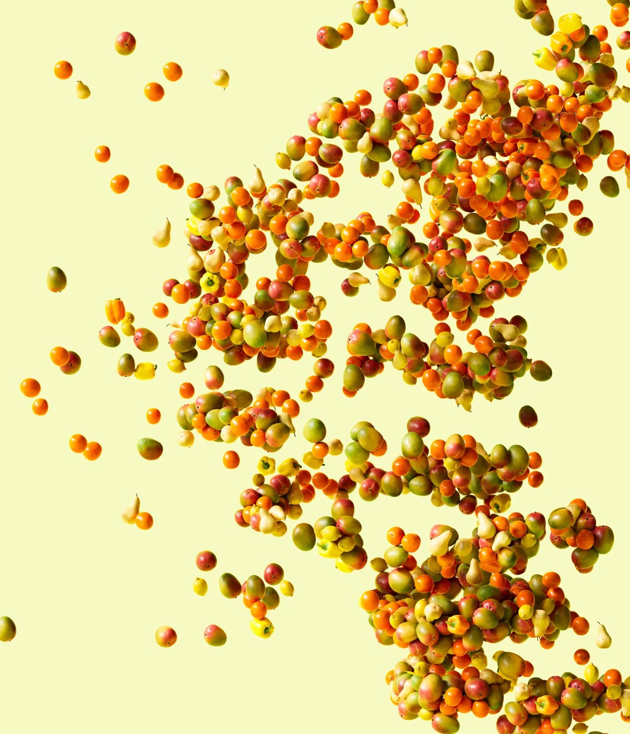 Afresh brand imagery of cascading fruit on a pale yellow field