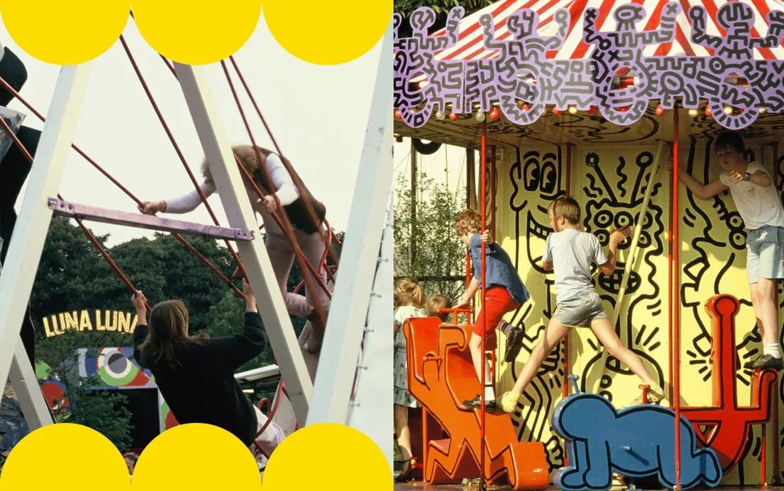 Archival photographs of riders at the original 1987 Luna Luna