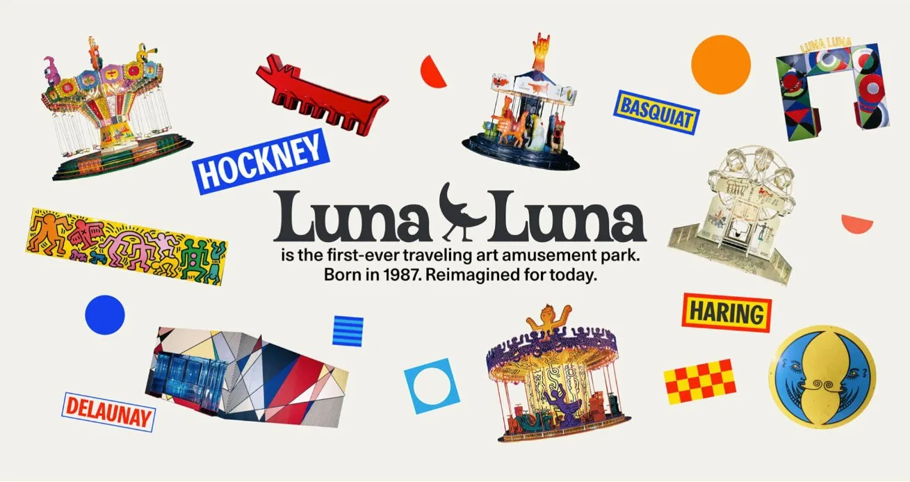Luna Luna brand collage featuring rides by Hockney, Basquiat, Haring, and Delaunay