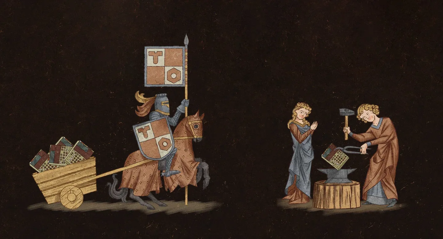 Medieval-style illustration of a knight and blacksmiths forging a Teenage Engineering device