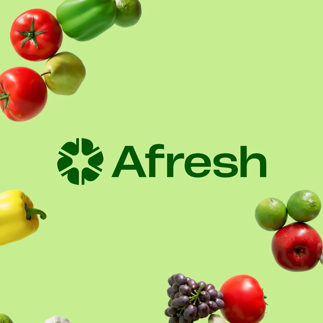 The Afresh logo surrounded by floating produce