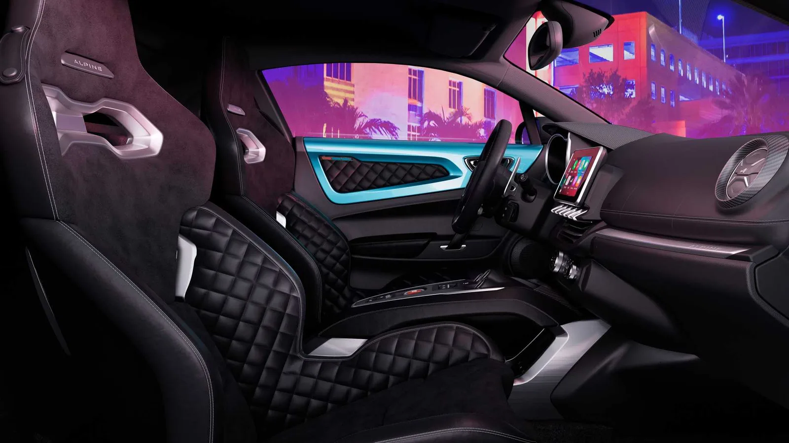 The Alpine A110 South Beach Colorway interior against Miami neon
