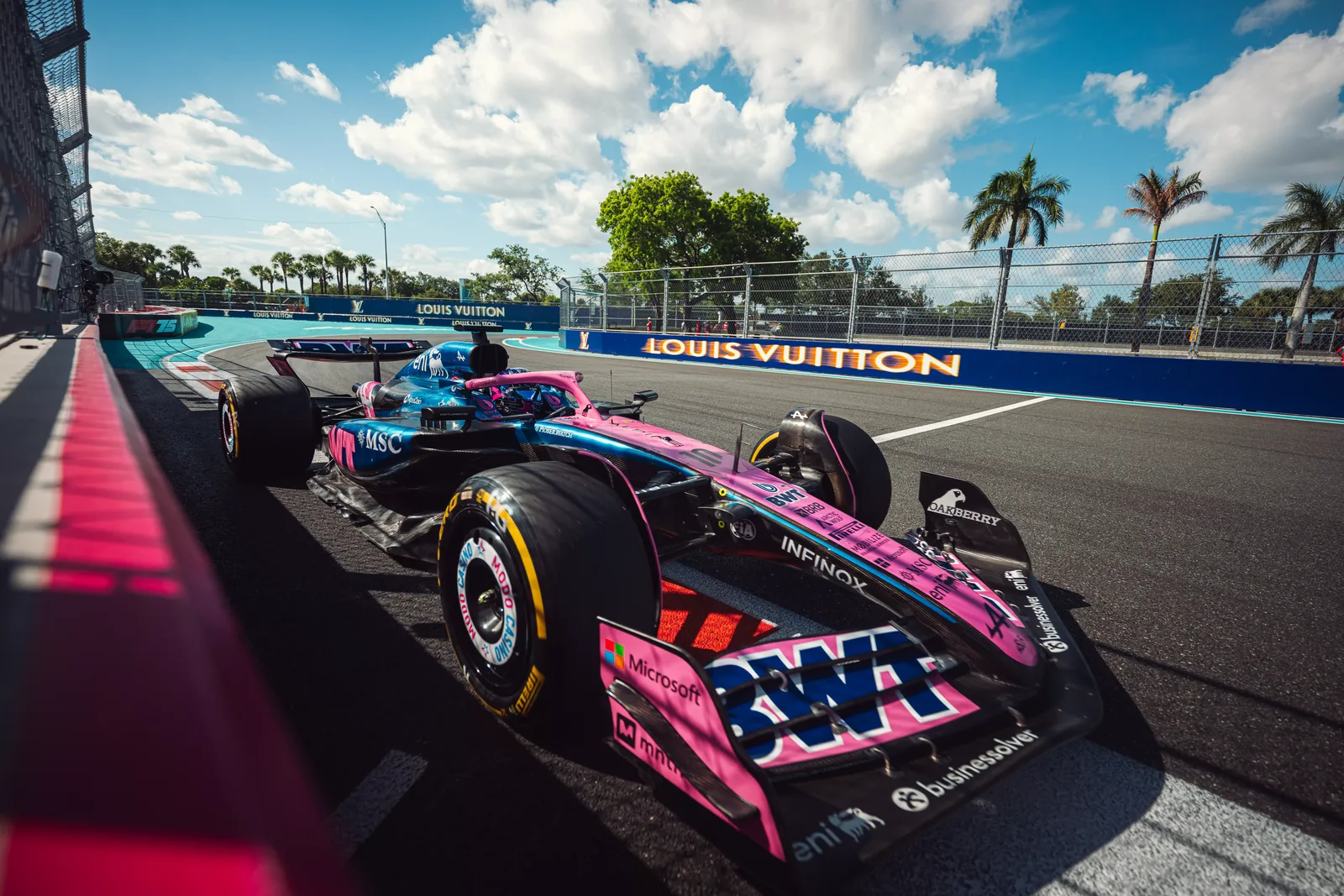 The BWT Alpine F1 car on track at the Miami Grand Prix