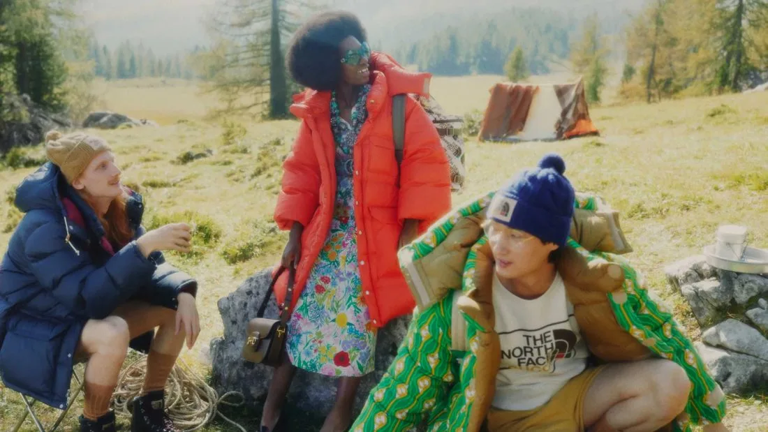 The North Face x Gucci campaign, models at a campsite