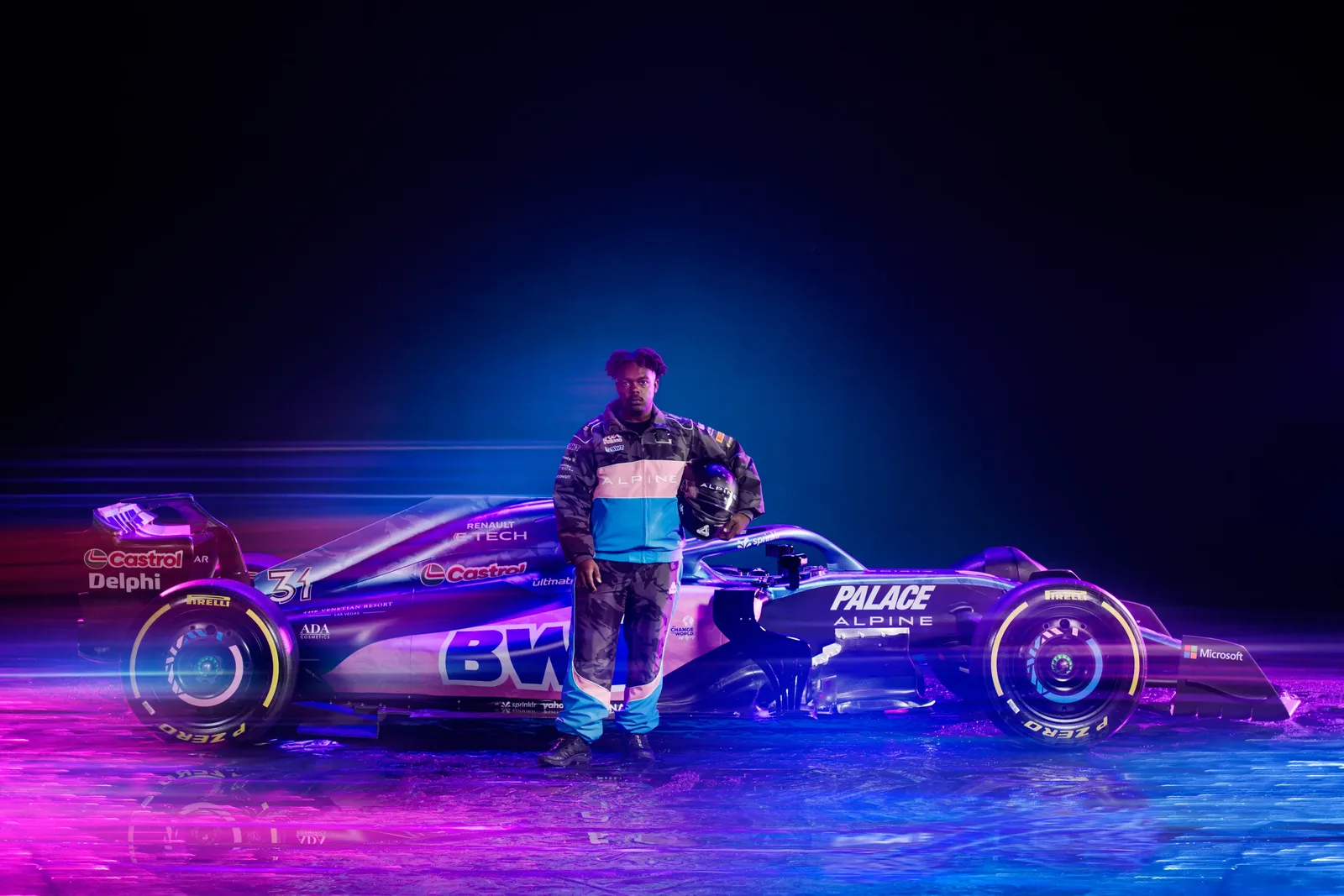The Palace x Alpine livery photographed in neon light