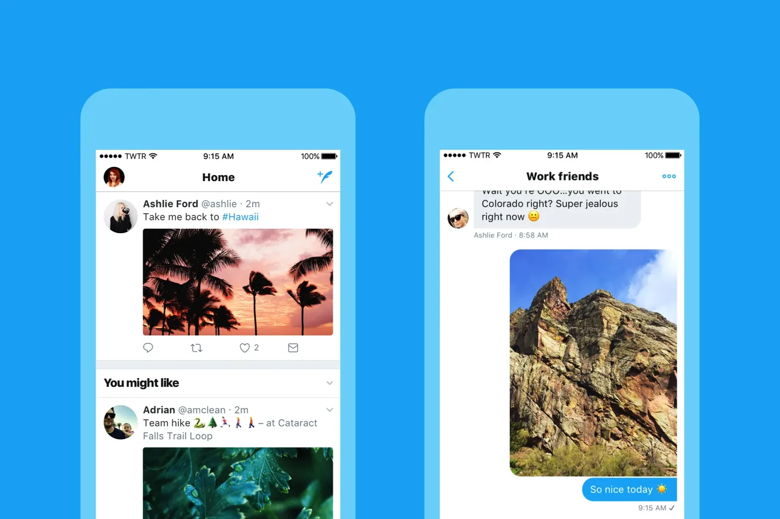 The redesigned Twitter app on two phones